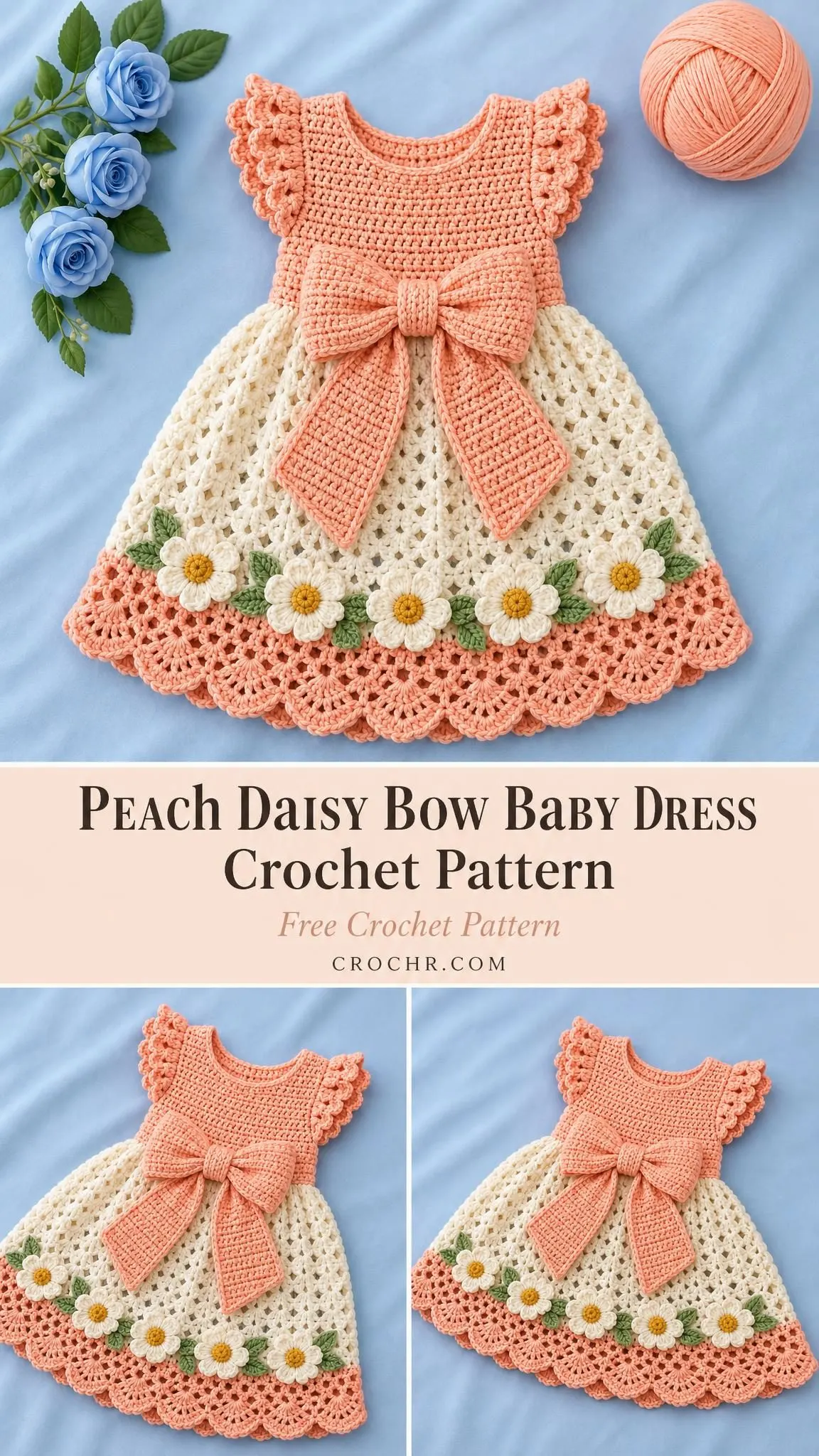 Peach Daisy Bow Baby Dress Crochet Pattern