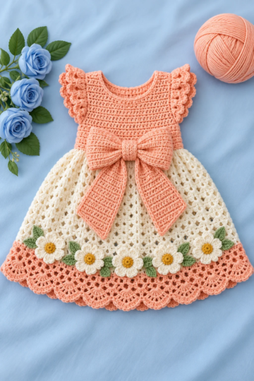Peach Daisy Bow Baby Dress Crochet Pattern