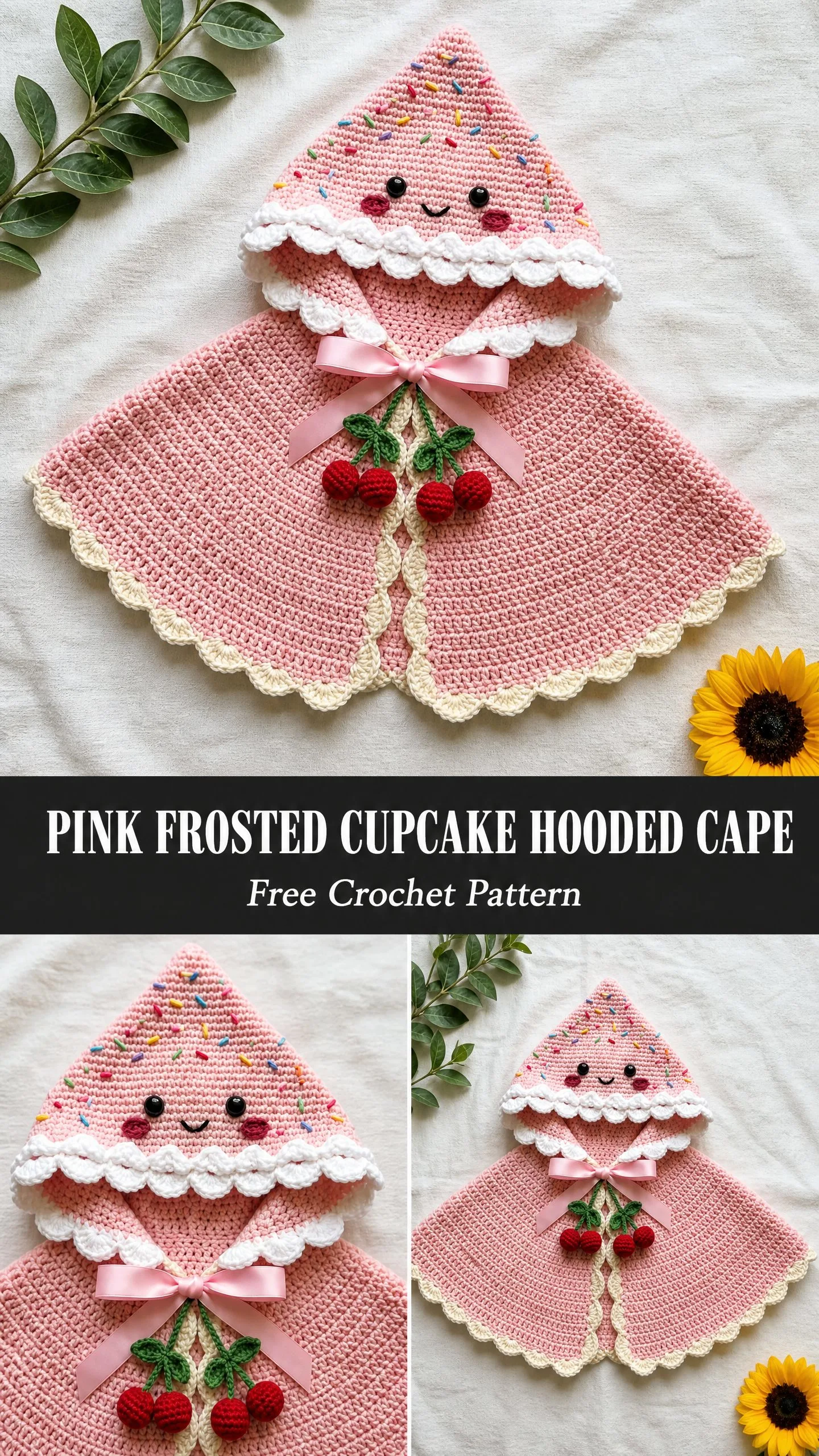 Pink Frosted Cupcake Hooded Cape Free Crochet Pattern