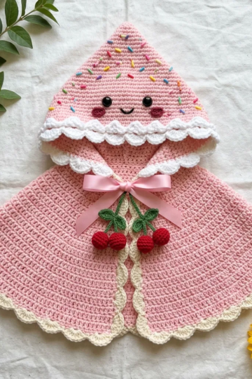 Pink Frosted Cupcake Hooded Cape Free Crochet Pattern