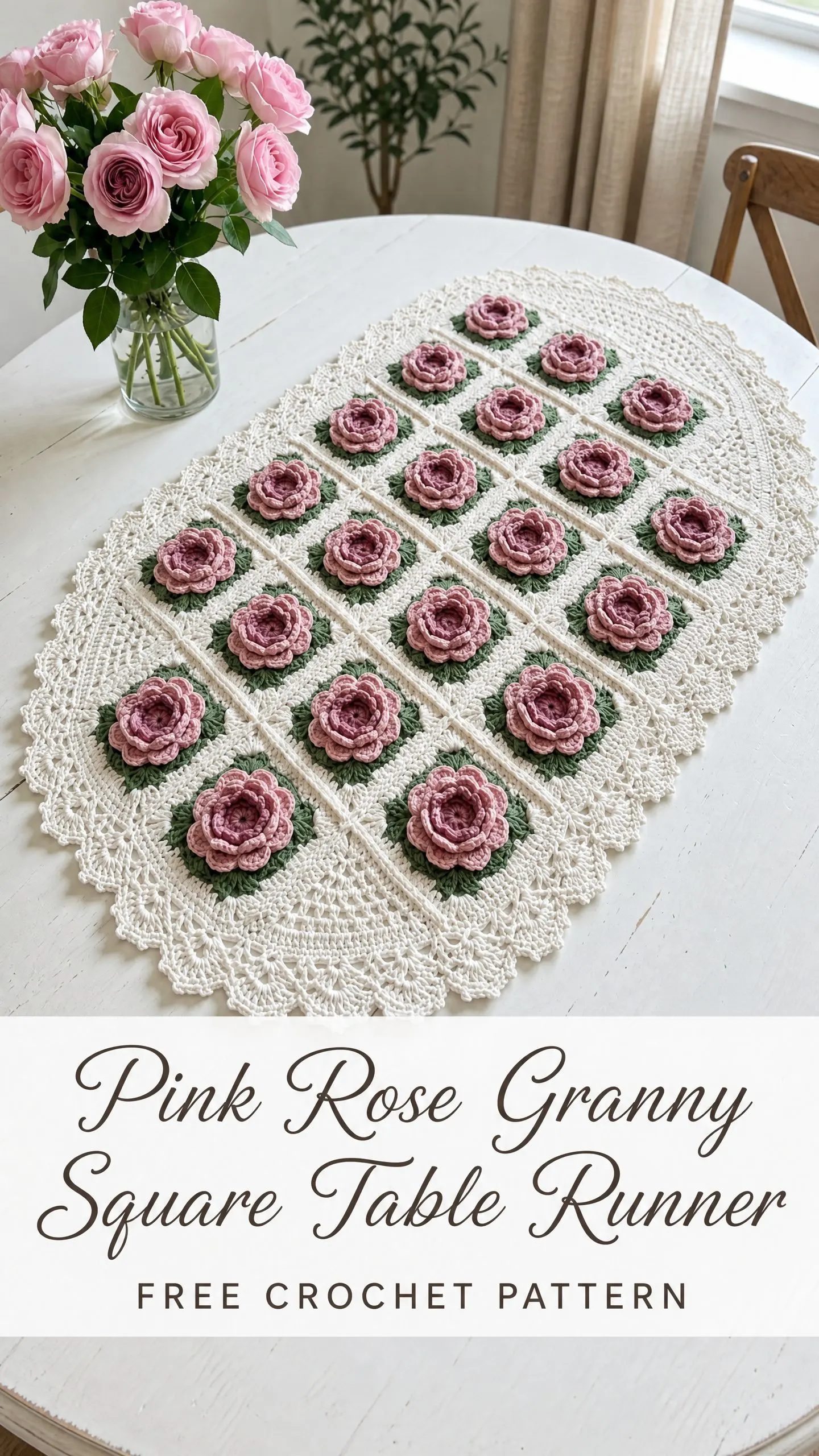 Pink Rose Granny Square Table Runner Free Crochet Pattern