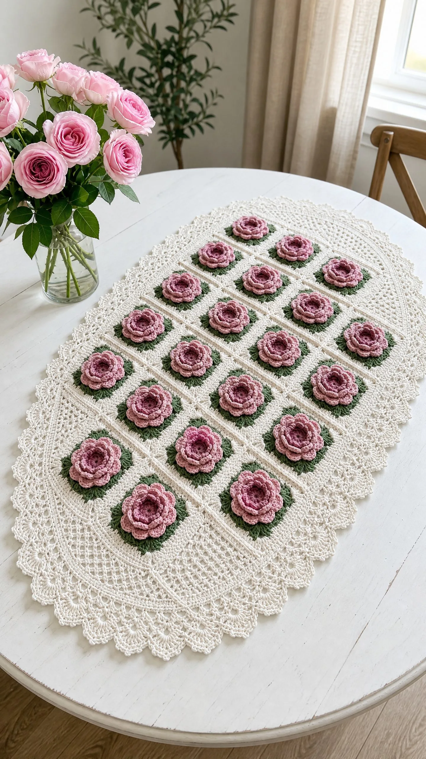 Pink Rose Granny Square Table Runner Free Crochet Pattern