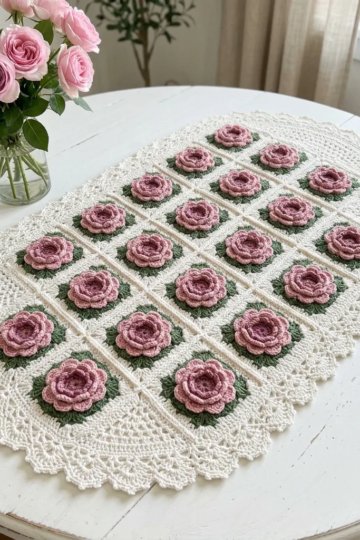 Pink Rose Granny Square Table Runner Free Crochet Pattern