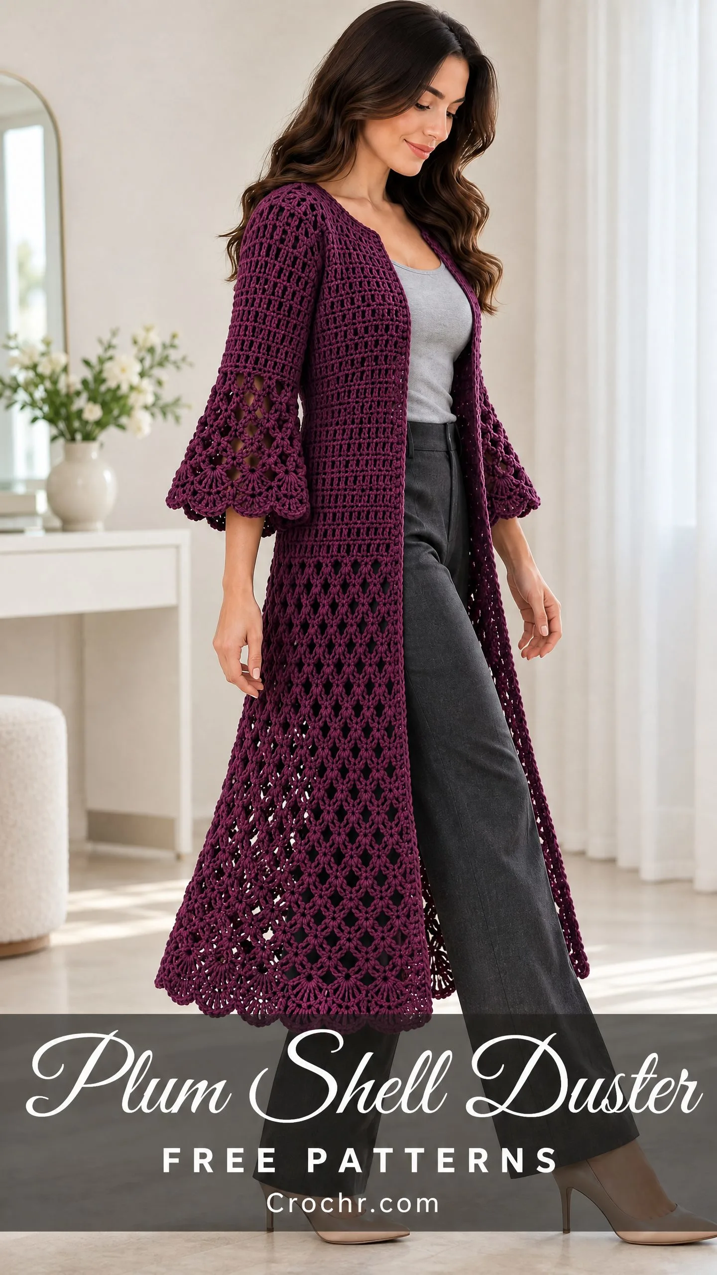 Plum shell duster crochet pattern showing scalloped hem detail and diamond lattice texture