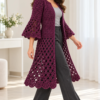 Deep plum longline crochet cardigan with lattice stitch body and bell sleeves worn over gray outfit