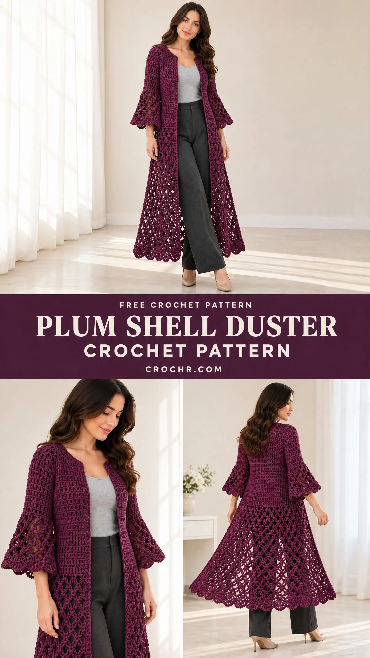 Woman wearing handmade plum crochet duster cardigan with open front and decorative mesh stitching