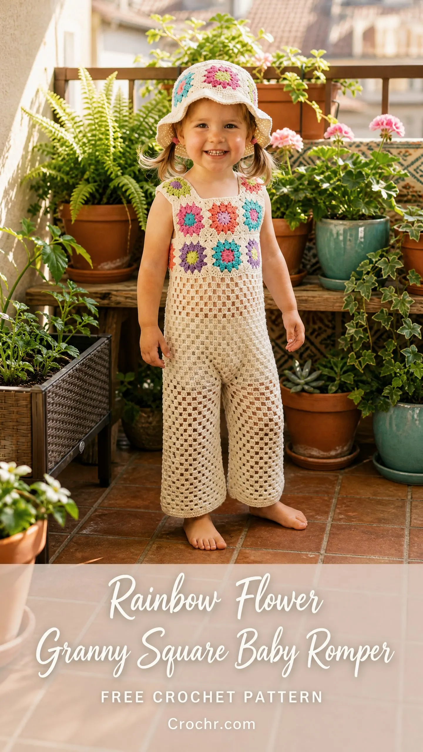 Rainbow Flower Granny Square Baby Romper Free Crochet Pattern