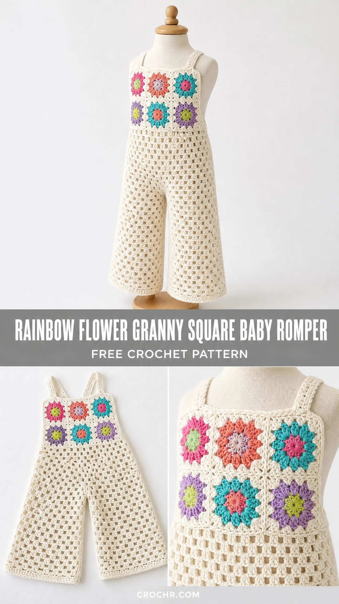 Rainbow Flower Granny Square Baby Romper Free Crochet Pattern