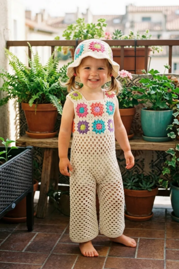 Rainbow Flower Granny Square Baby Romper Free Crochet Pattern