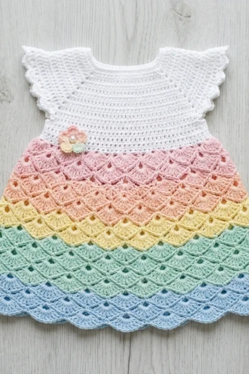 Rainbow Pastel Shell Baby Dress Free Crochet Pattern