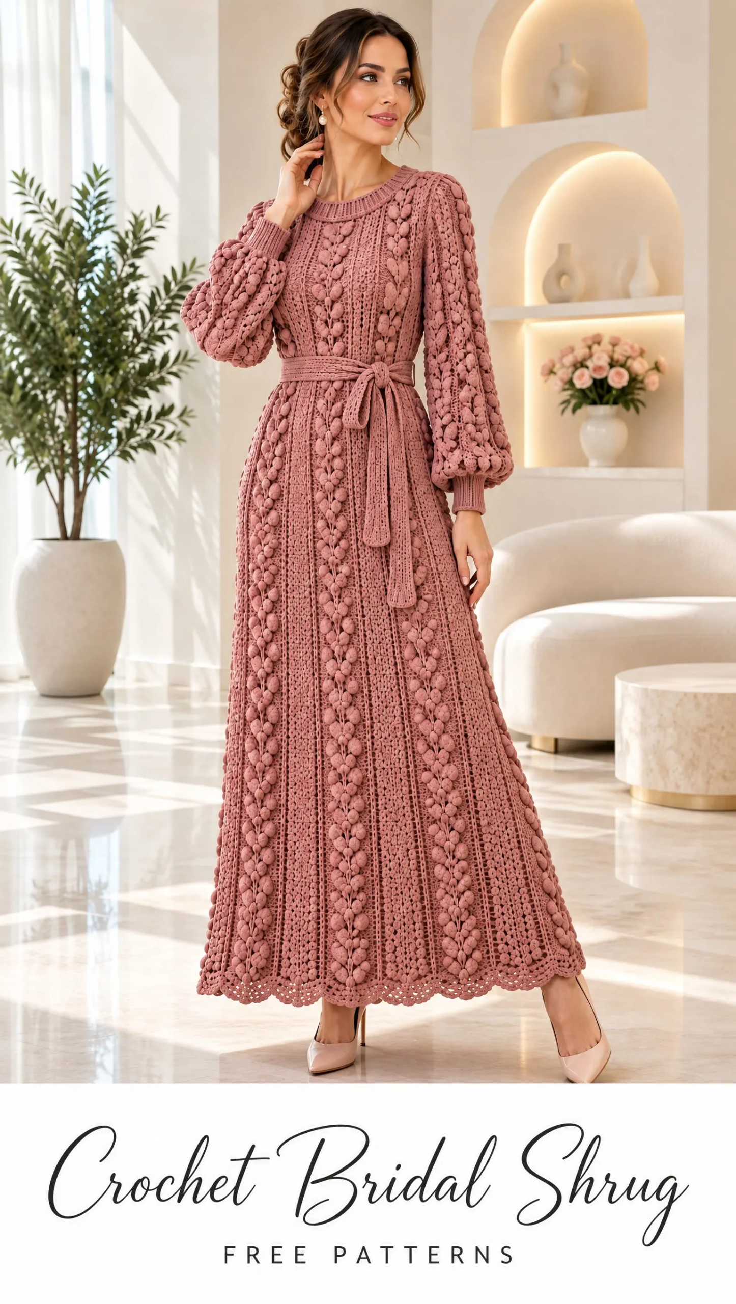 Close-up of textured bobble vine stitches on a dusty pink crochet maxi dress with ribbed cuffs and matching belt