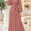 Dusty rose crocheted ankle-length dress with vertical bobble vine stripes and gathered bishop sleeves, styled with heels