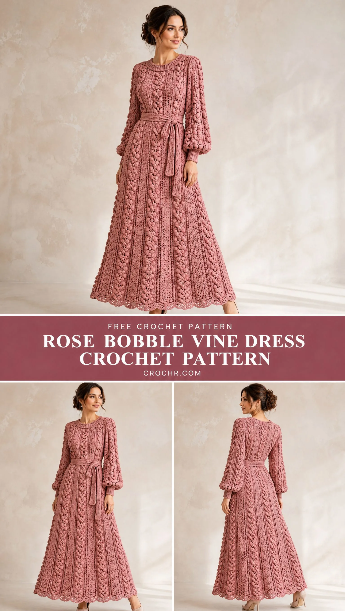 Full-length dusty rose crochet dress featuring scalloped hem edging, bishop sleeves, and waist-defining crocheted sash