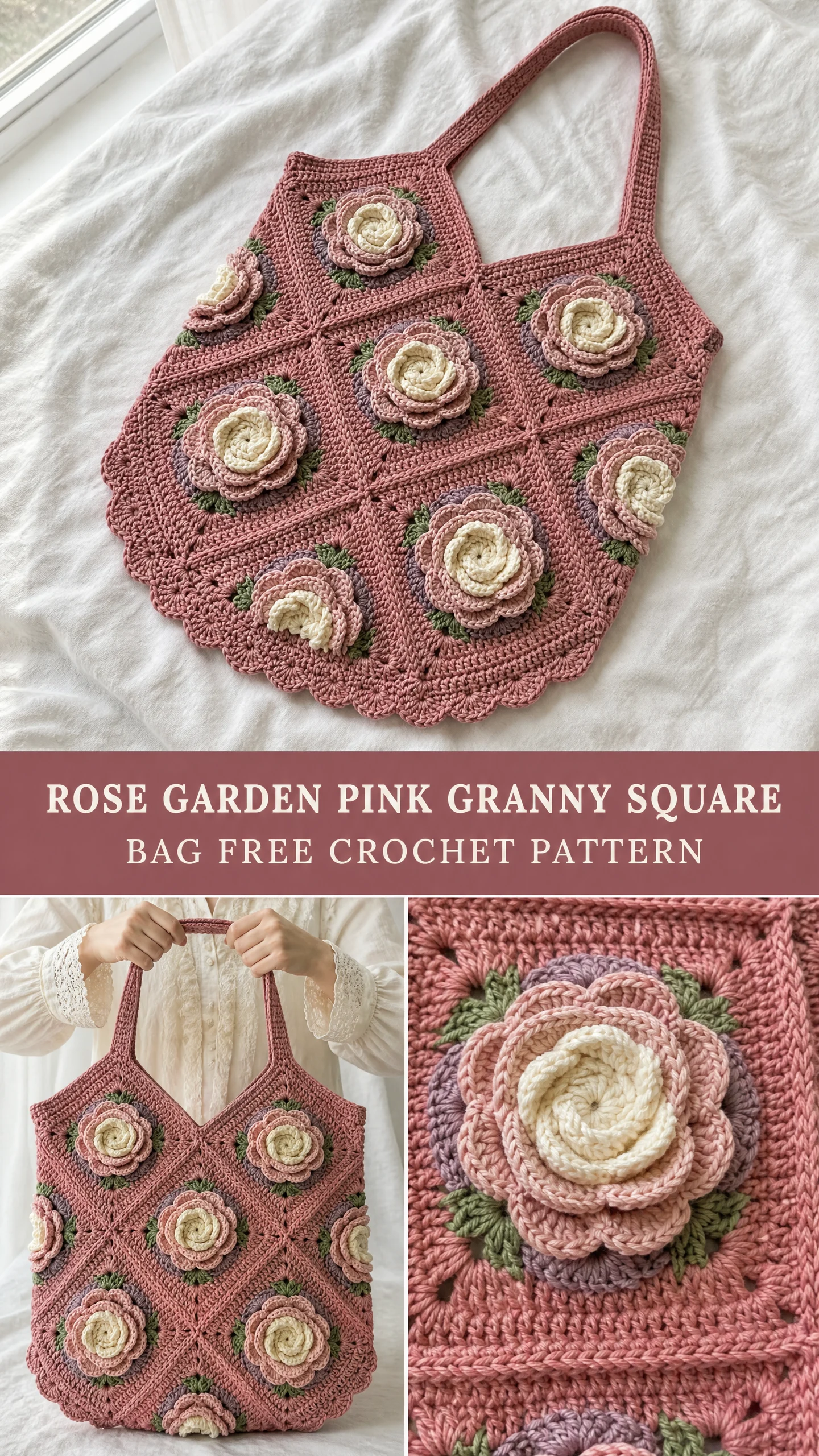 Rose Garden Pink Granny Square Bag Free Crochet Pattern