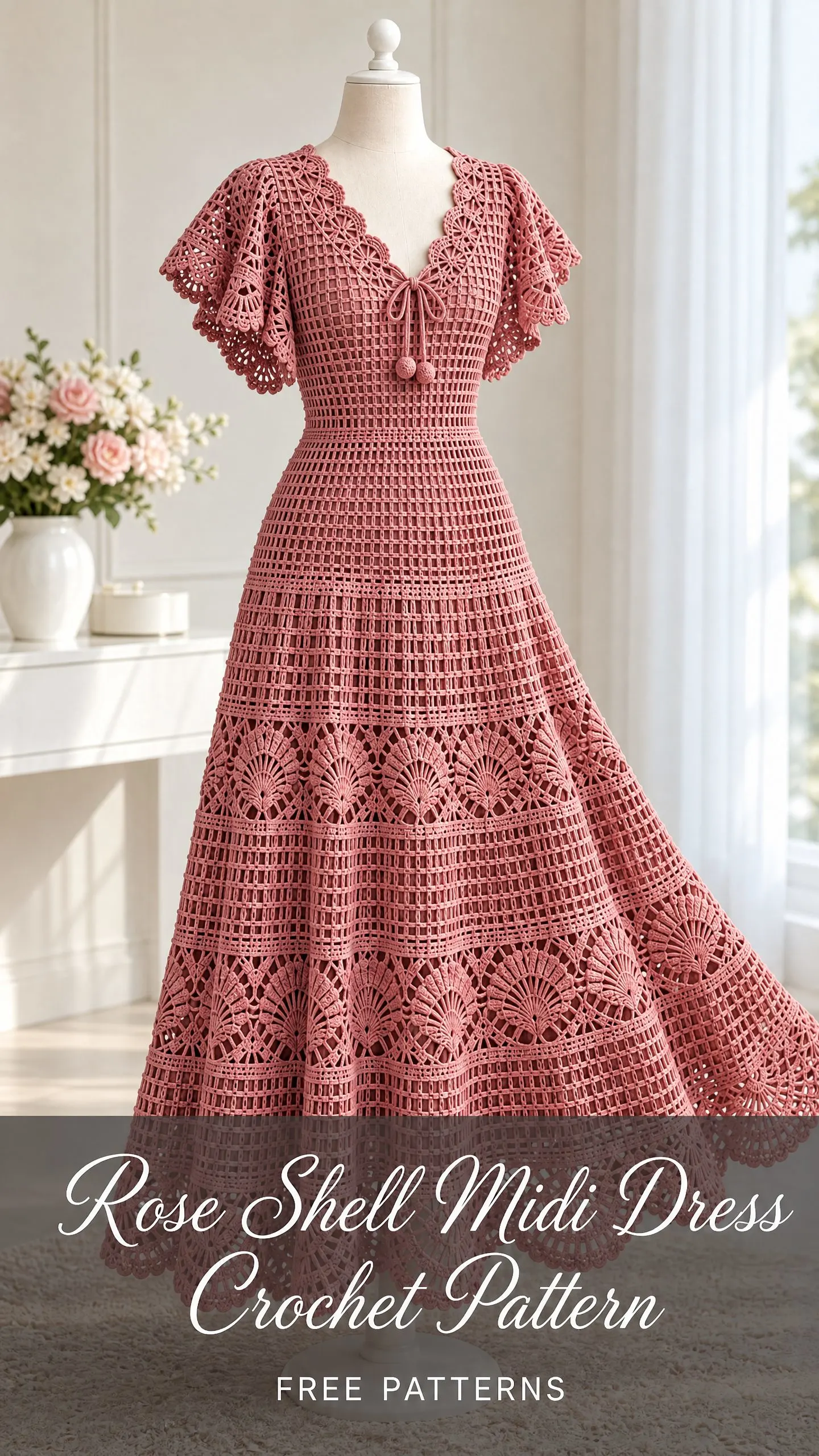 Handmade dusty pink crochet dress with delicate openwork bodice and scalloped hem displayed in bright room with flowers