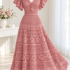 Dusty rose crochet midi dress on dressmaker form showing V neckline, flutter sleeves, mesh bodice, and tiered shell skirt