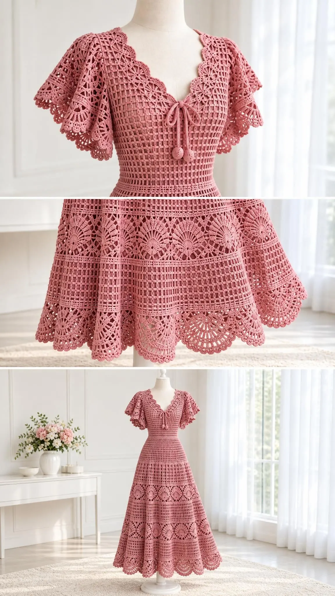 Close view of rose colored crochet midi dress featuring raised shell bands on flared skirt and lace flutter sleeves