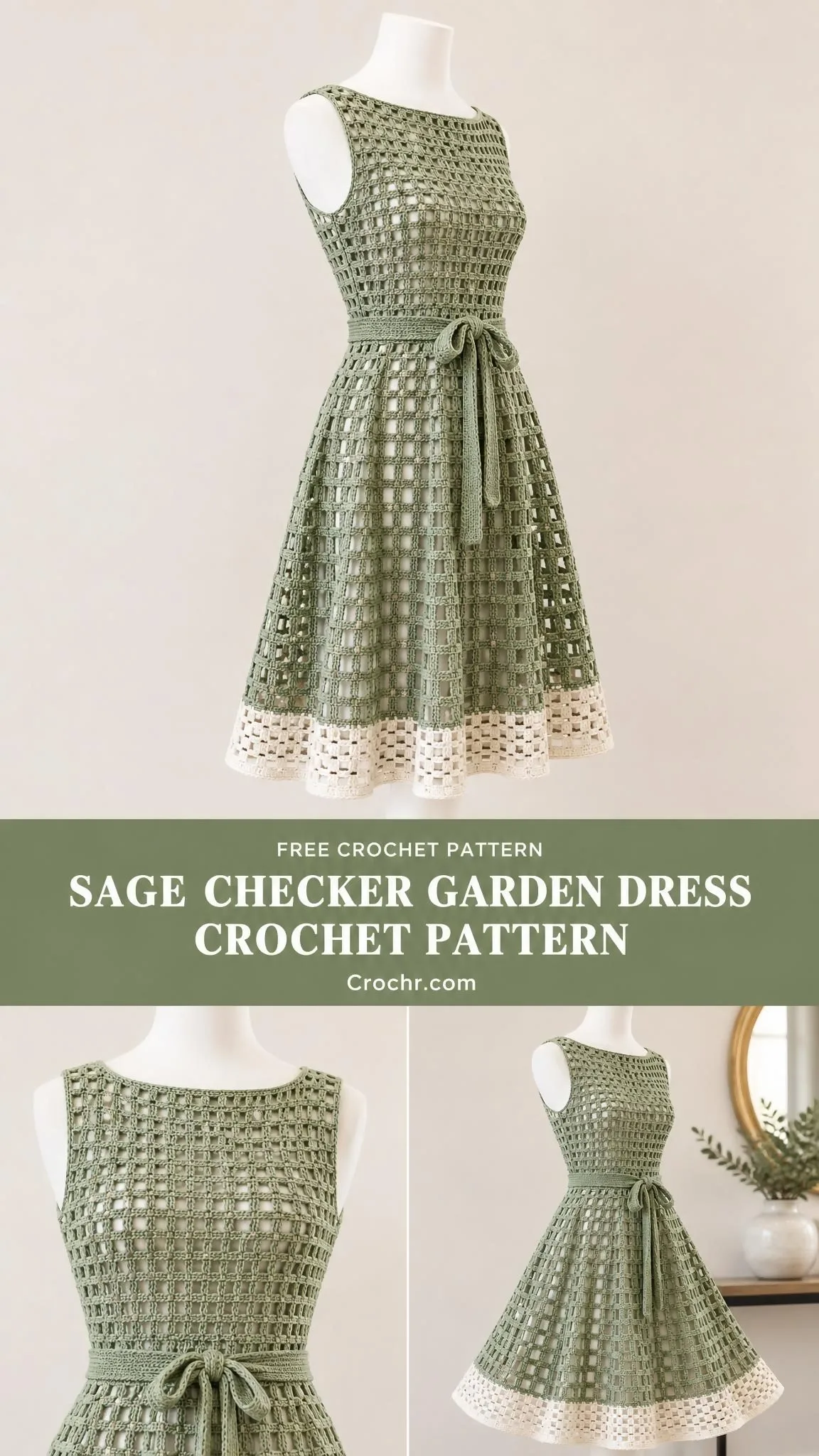 Close view of sage checker garden dress showing lattice stitch texture and cream colored border at hem