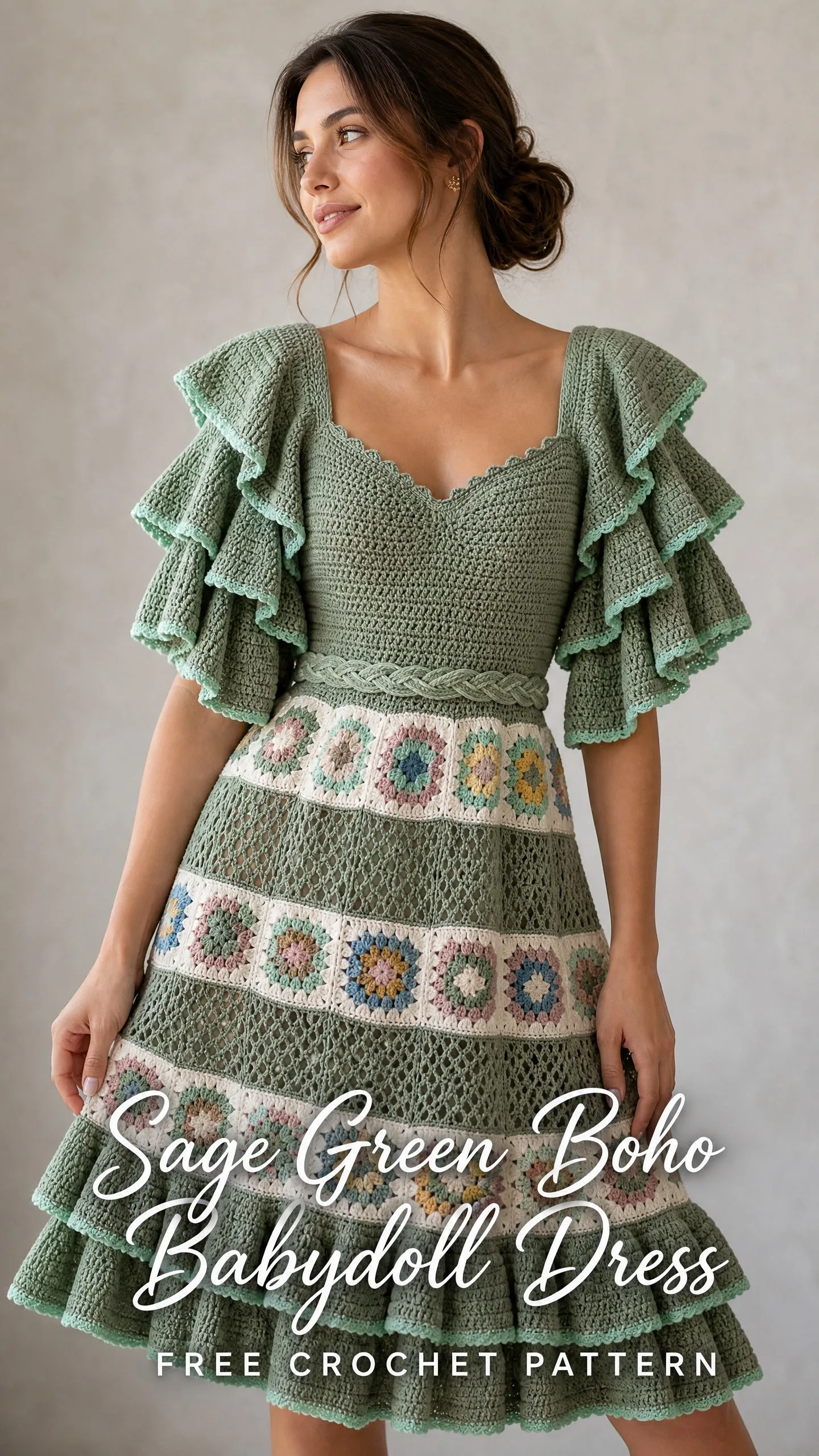 Sage Green Boho Babydoll Dress Free Crochet Pattern