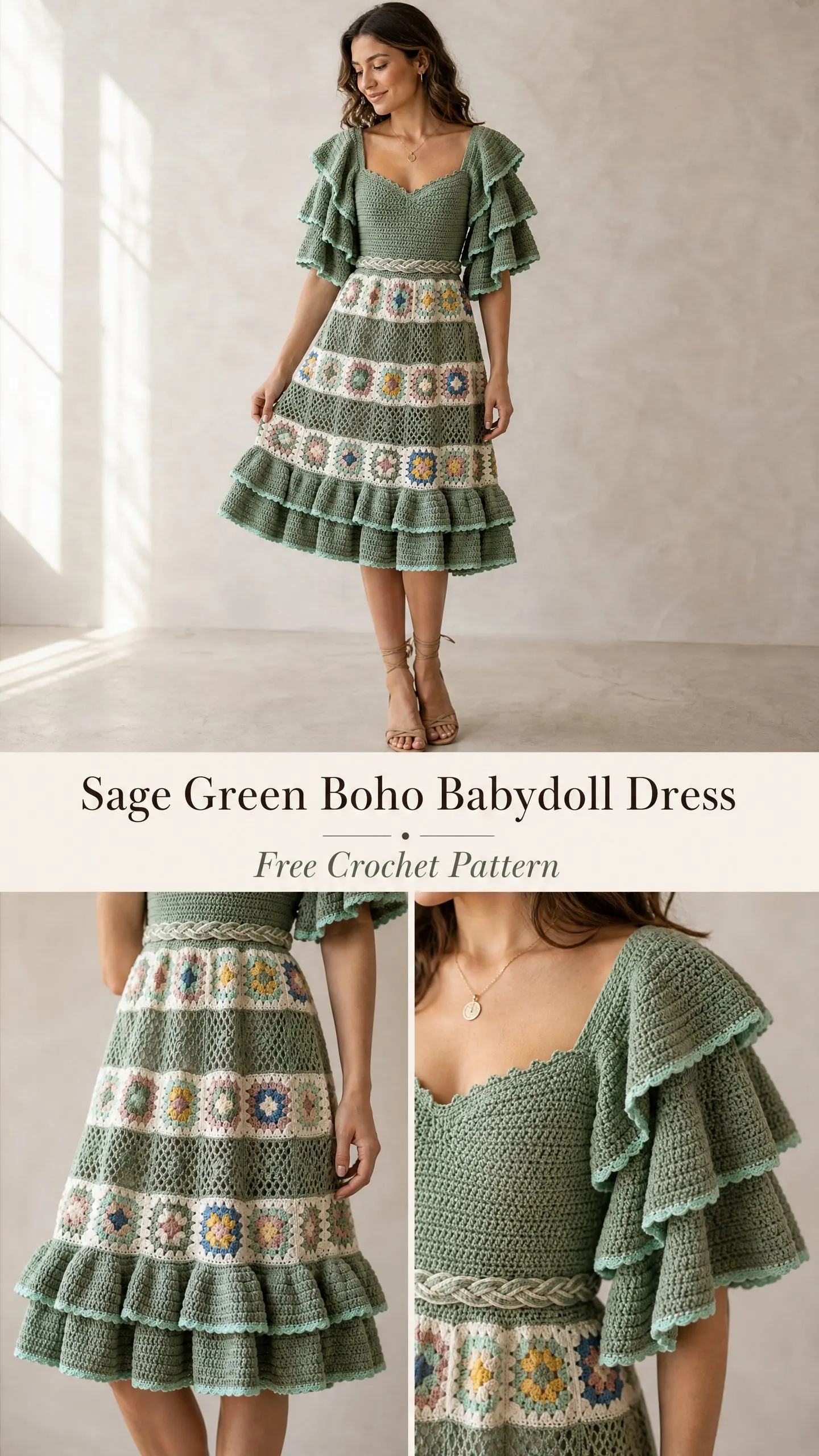 Sage Green Boho Babydoll Dress Free Crochet Pattern