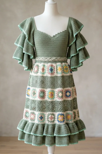 Sage Green Boho Babydoll Dress Free Crochet Pattern