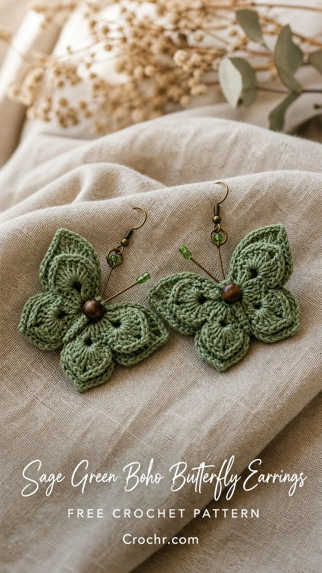 Sage Green Boho Butterfly Earrings Free Crochet Pattern