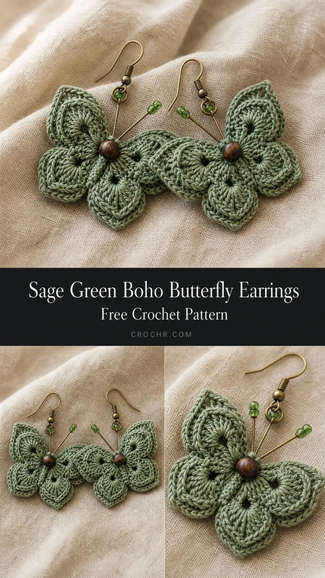 Sage Green Boho Butterfly Earrings Free Crochet Pattern