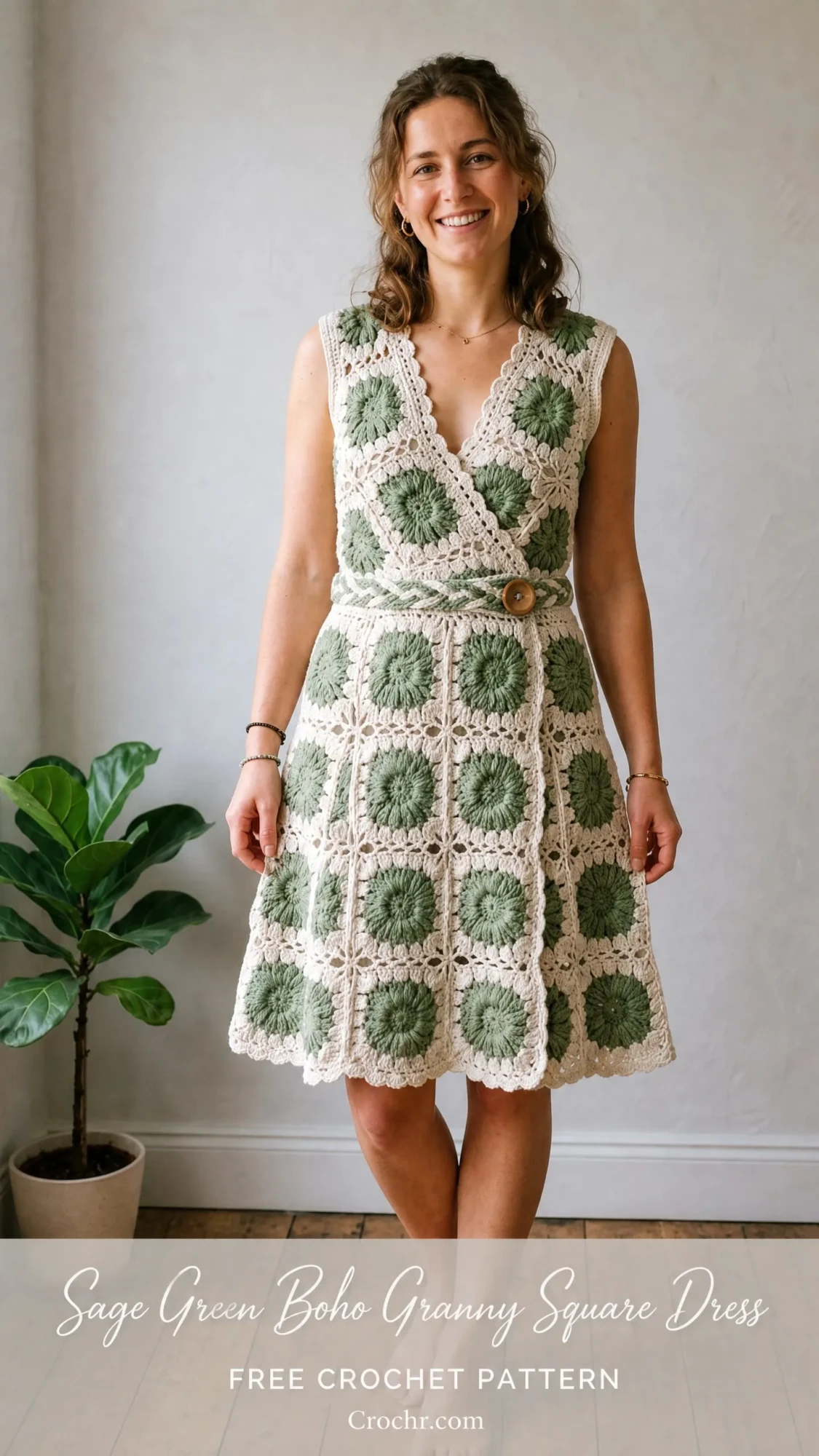 Sage Green Boho Granny Square Dress Free Crochet Pattern