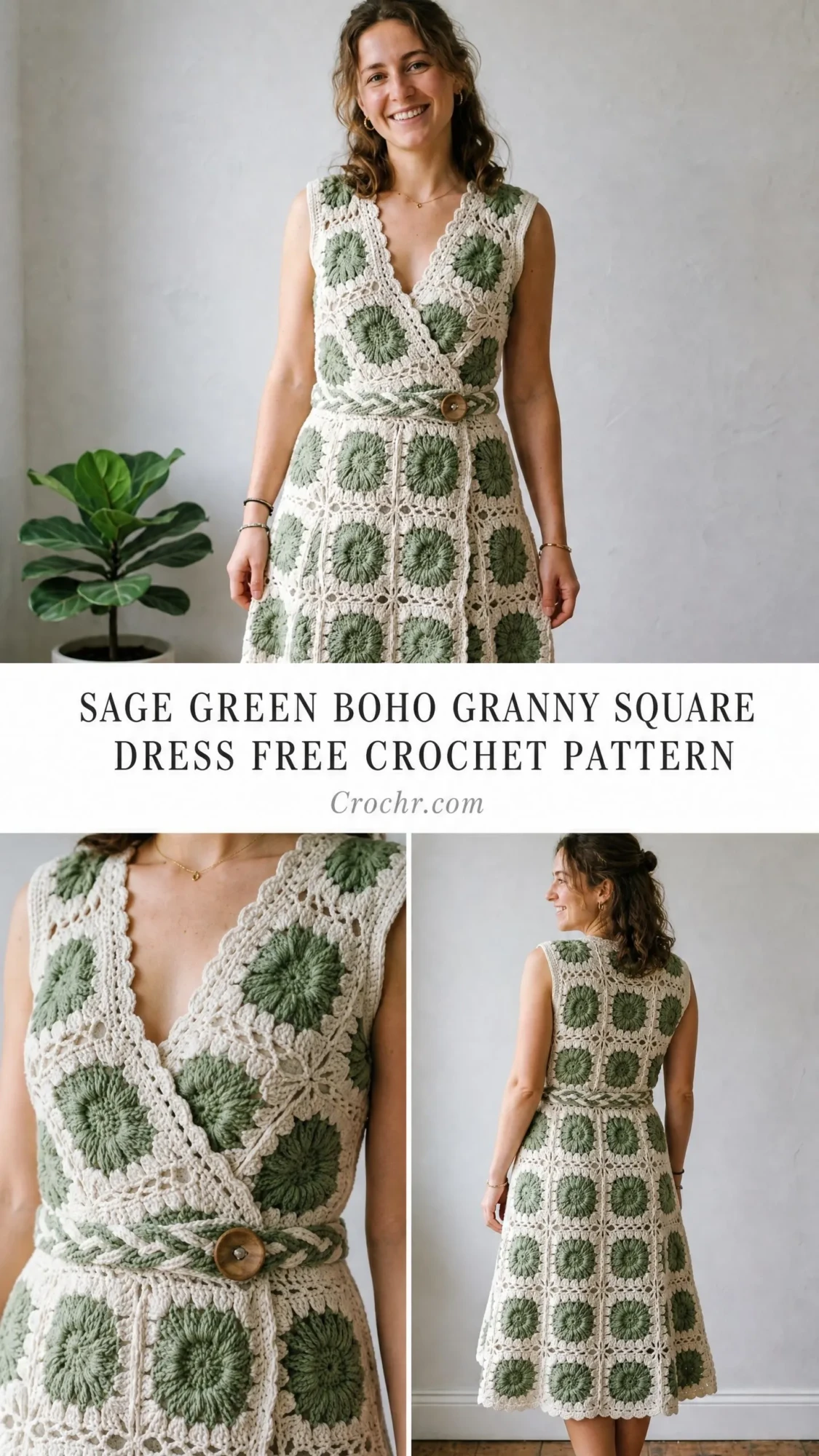 Sage Green Boho Granny Square Dress Free Crochet Pattern