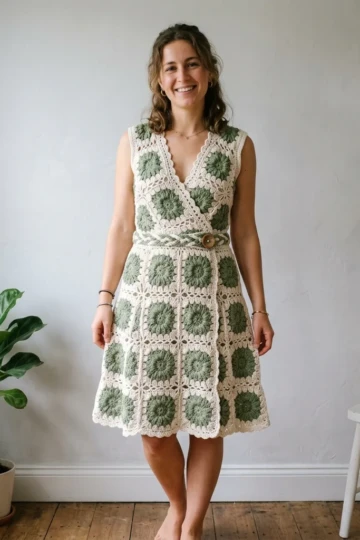 Sage Green Boho Granny Square Dress Free Crochet Pattern