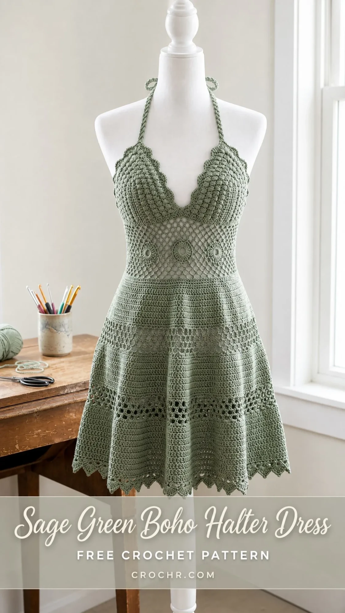 Sage Green Boho Halter Dress Free Crochet Pattern