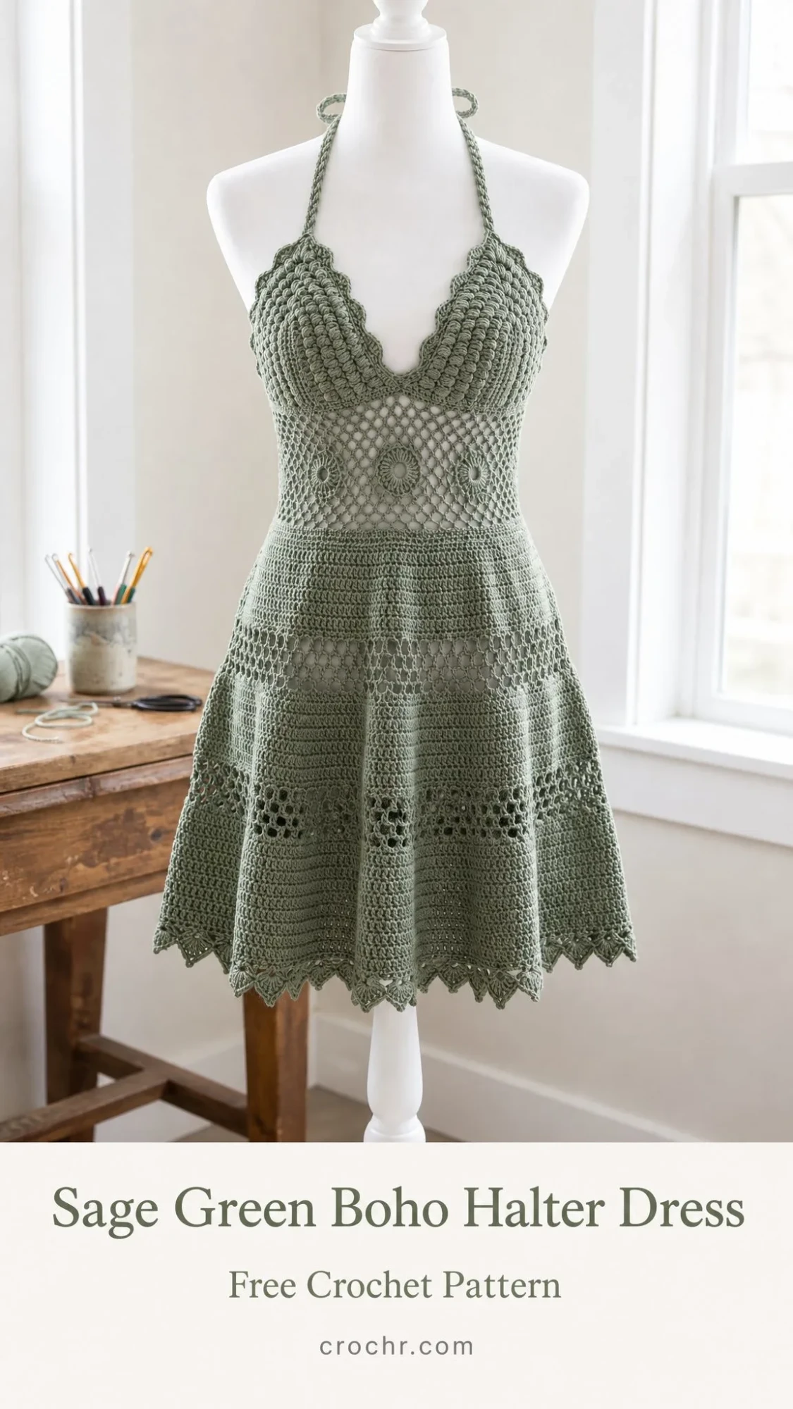 Sage Green Boho Halter Dress Free Crochet Pattern