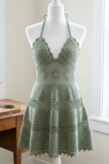 Sage Green Boho Halter Dress Free Crochet Pattern