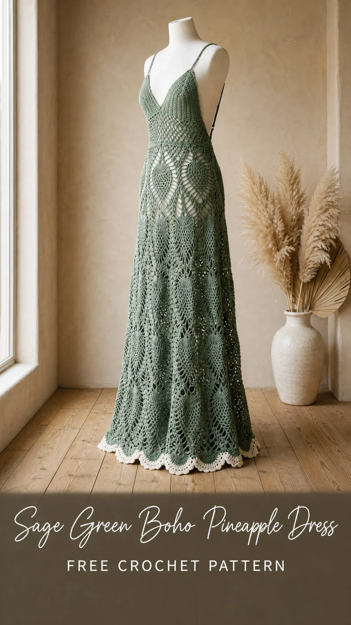 Sage Green Boho Pineapple Dress Free Crochet Pattern
