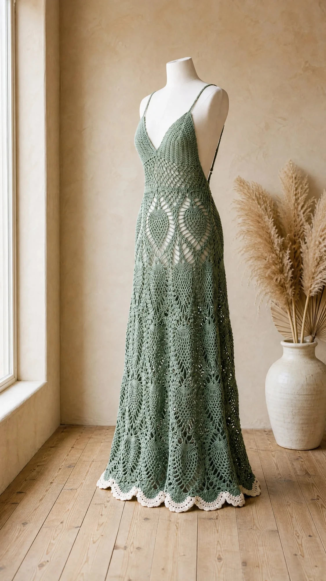 Sage Green Boho Pineapple Dress Free Crochet Pattern