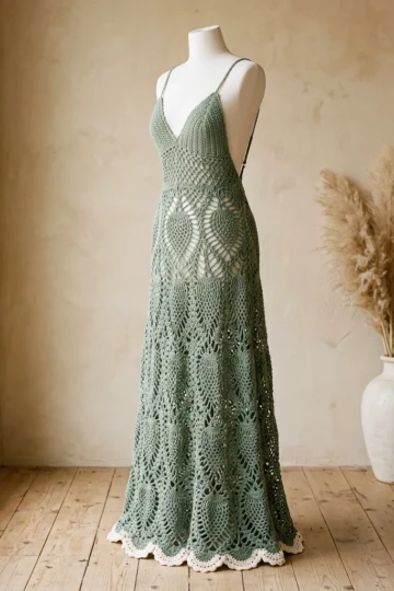 Sage Green Boho Pineapple Dress Free Crochet Pattern