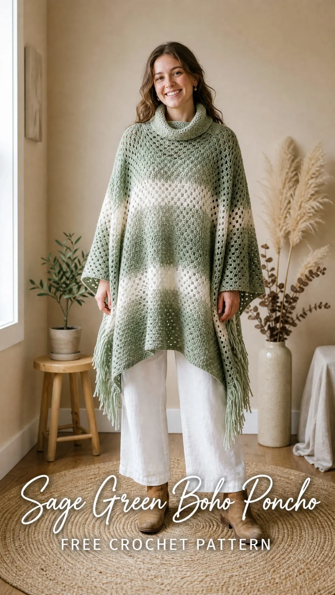 Sage Green Boho Poncho Free Crochet Pattern