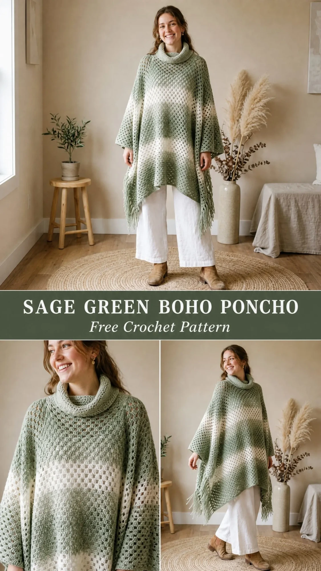 Sage Green Boho Poncho Free Crochet Pattern
