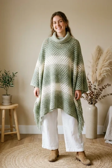 Sage Green Boho Poncho Free Crochet Pattern