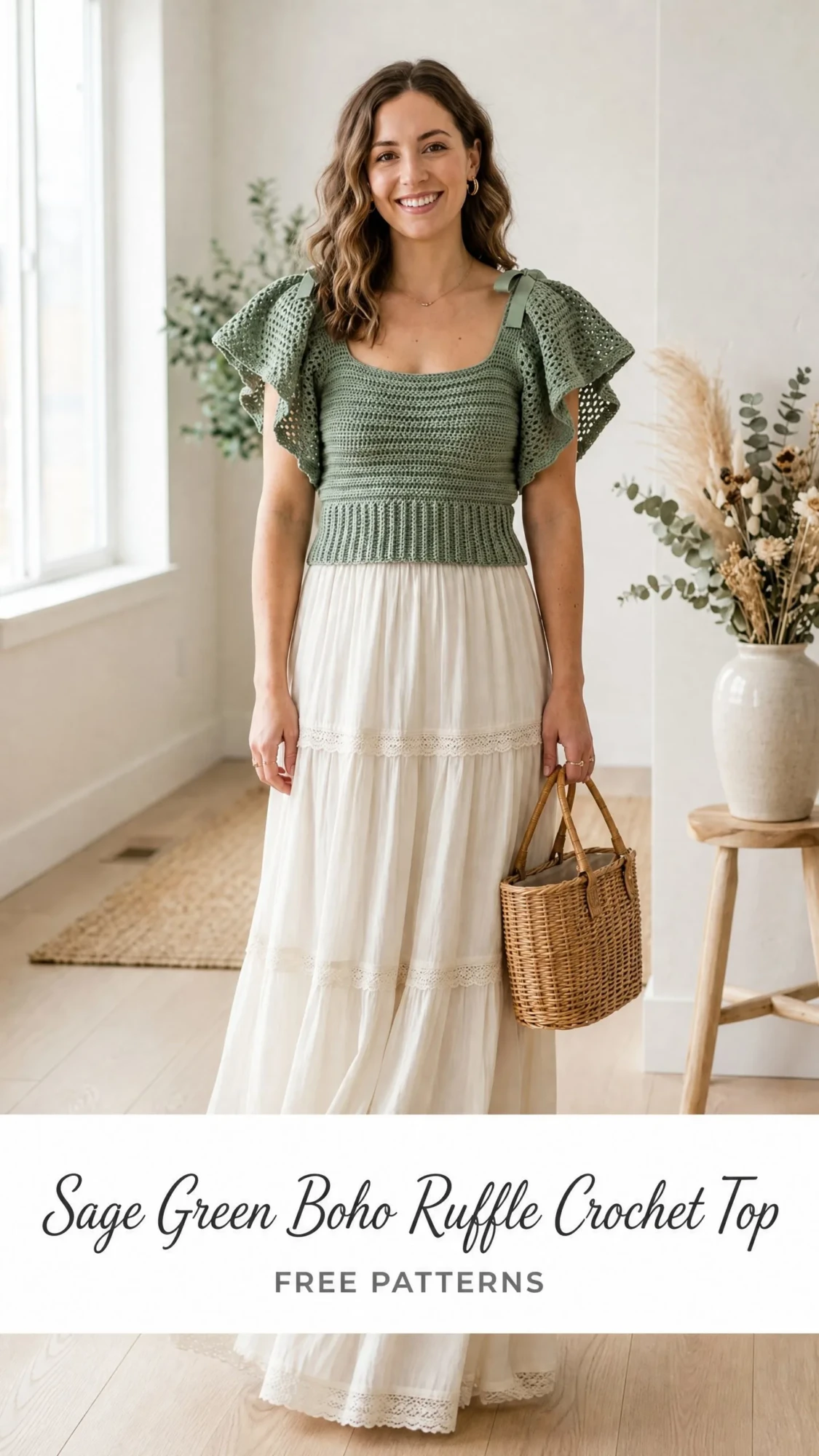 Sage Green Boho Ruffle Crochet Top Free Pattern