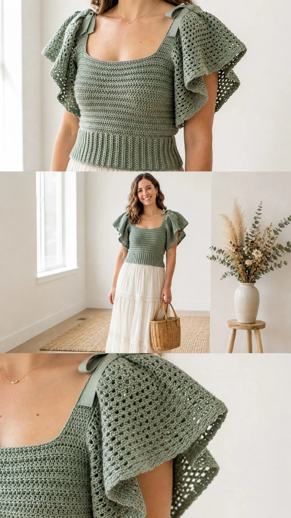 Sage Green Boho Ruffle Crochet Top Free Pattern