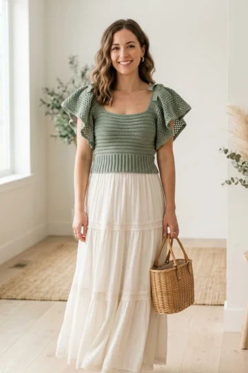 Sage Green Boho Ruffle Crochet Top Free Pattern