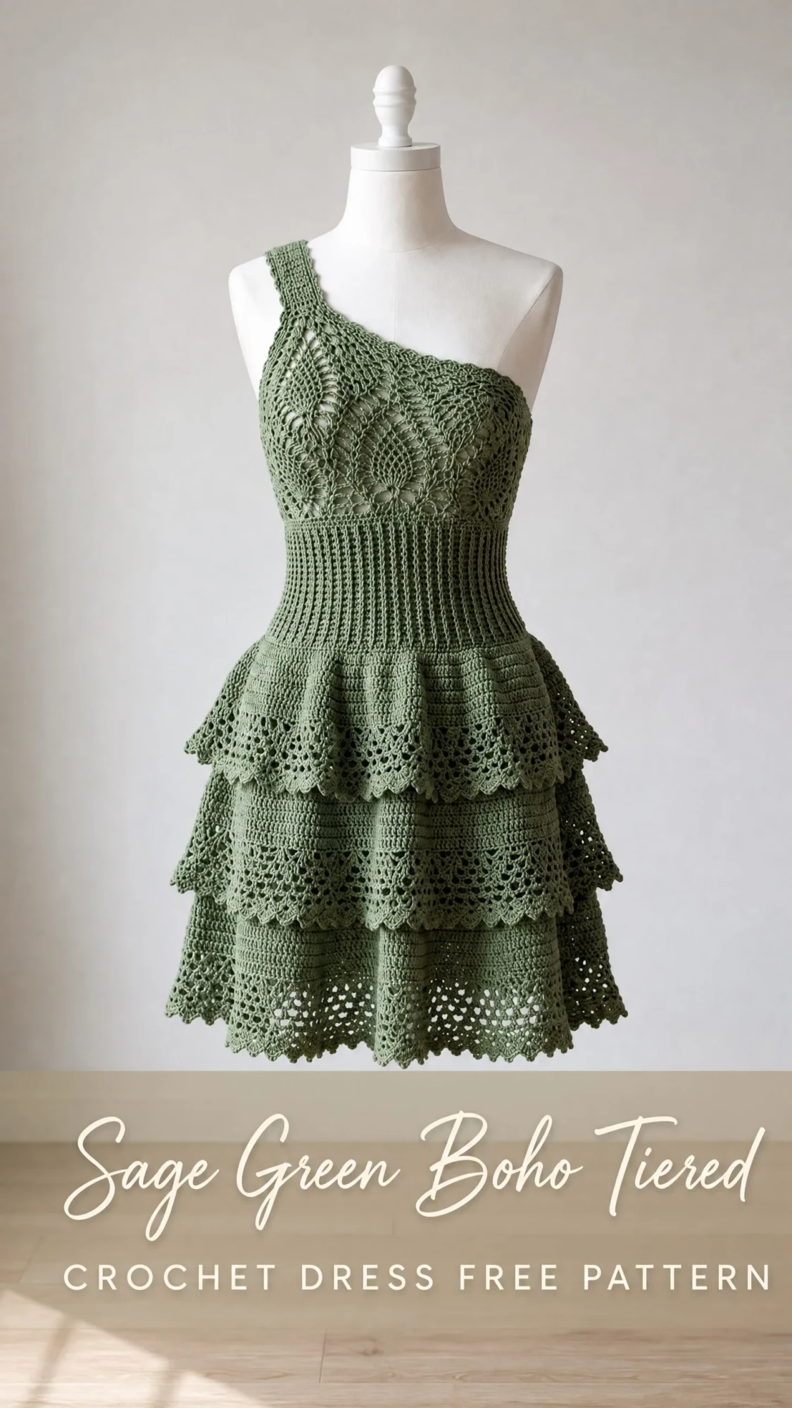 Sage Green Boho Tiered Crochet Dress Free Pattern