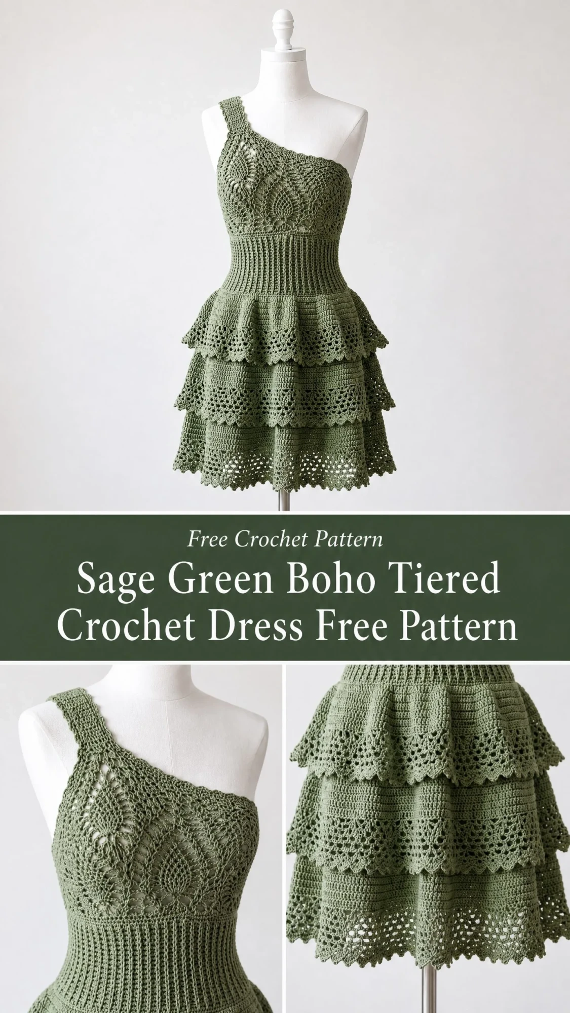 Sage Green Boho Tiered Crochet Dress Free Pattern