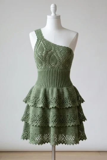 Sage Green Boho Tiered Crochet Dress Free Pattern
