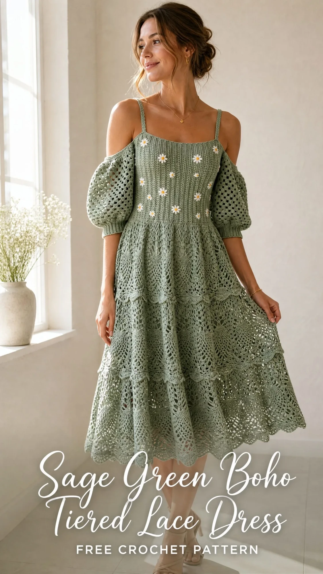 Sage Green Boho Tiered Lace Dress Free Crochet Pattern