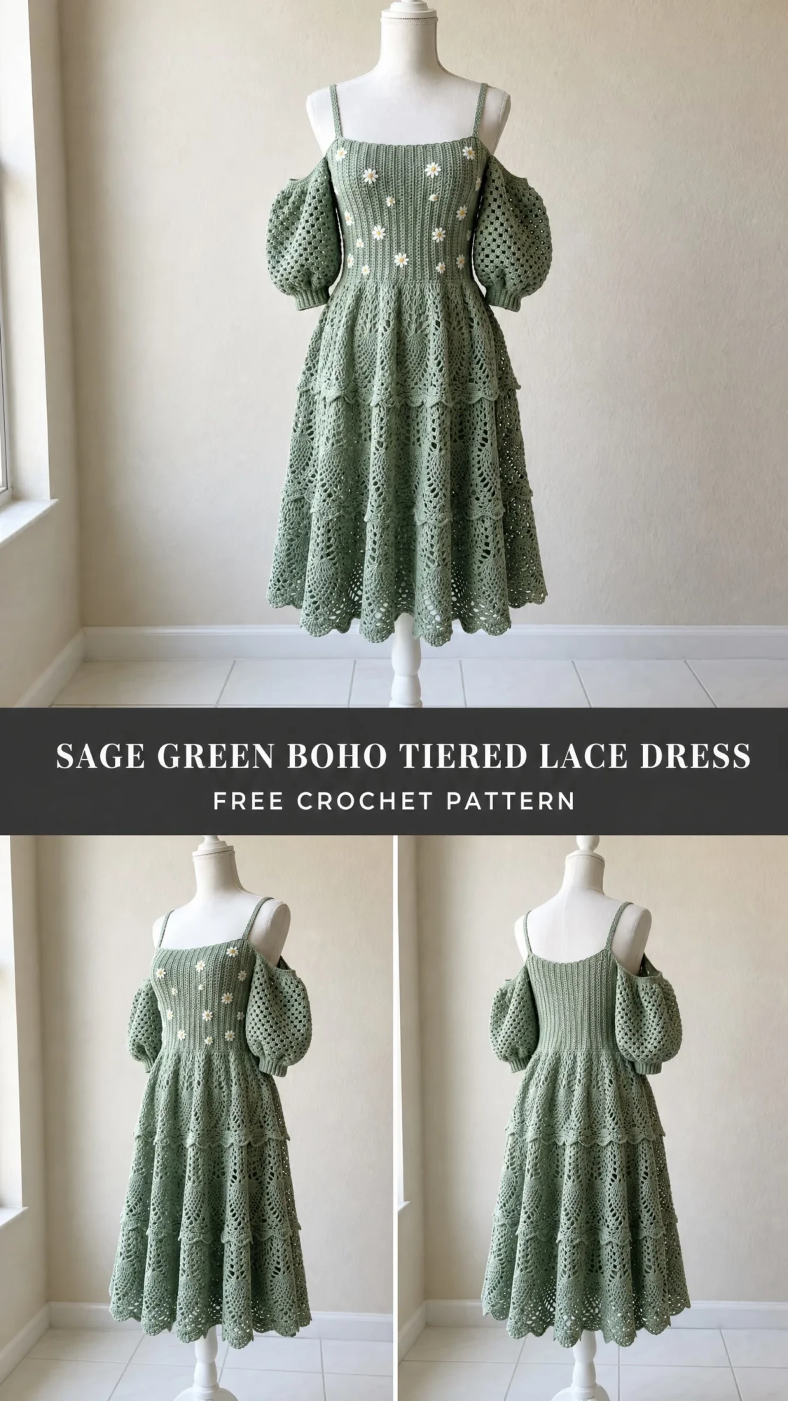 Sage Green Boho Tiered Lace Dress Free Crochet Pattern