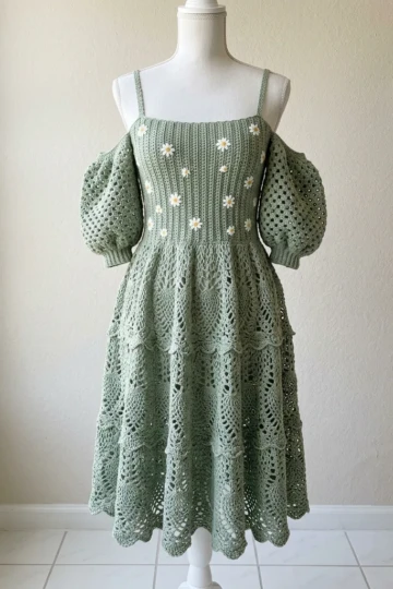 Sage Green Boho Tiered Lace Dress Free Crochet Pattern