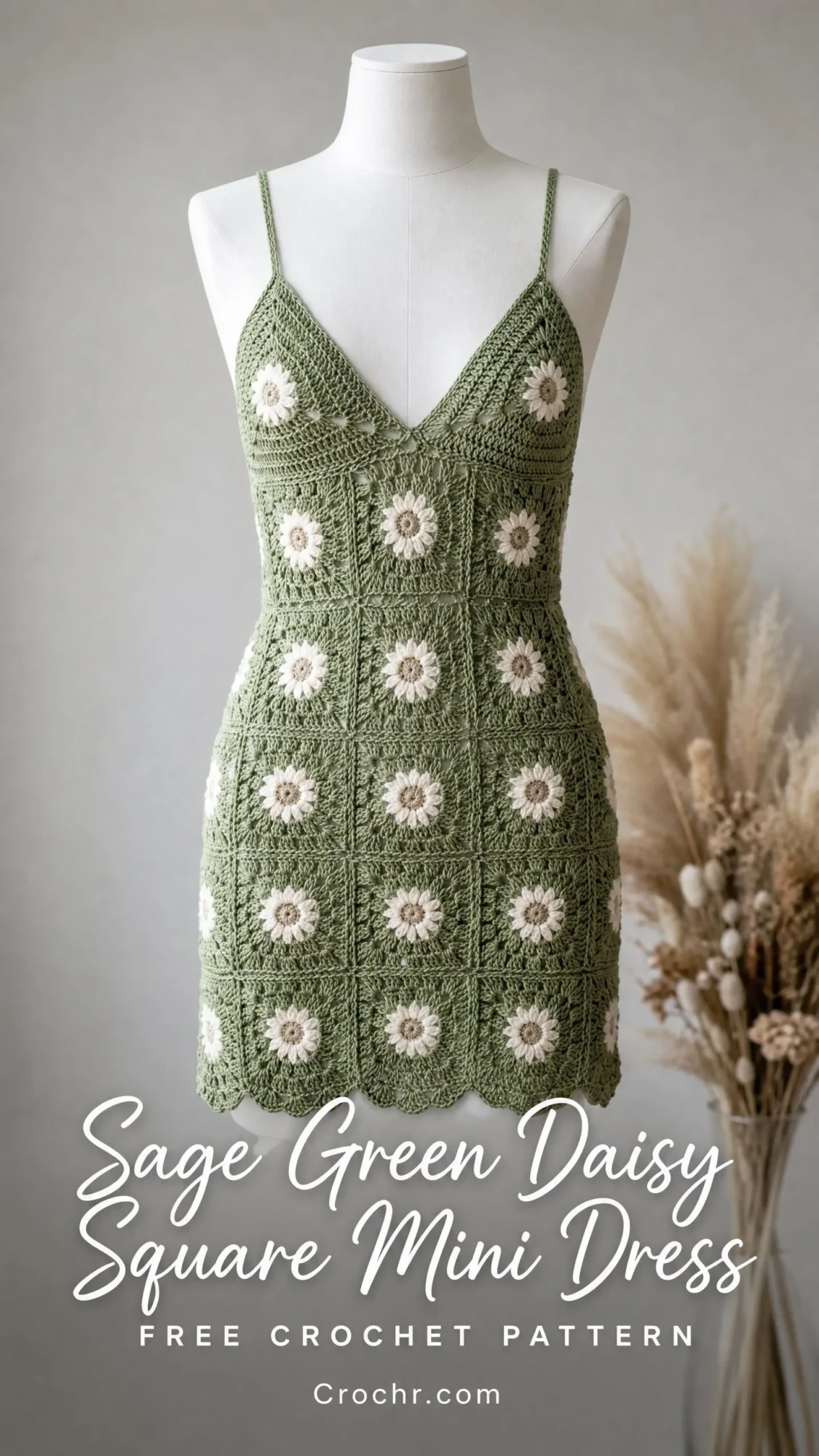 Sage Green Daisy Square Mini Dress Free Crochet Pattern