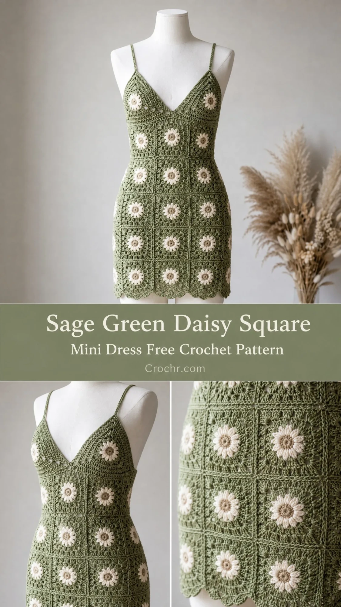 Sage Green Daisy Square Mini Dress Free Crochet Pattern